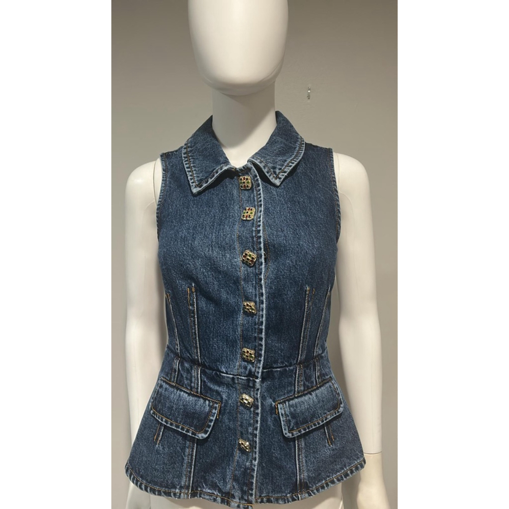 Self-Portrait Denim Vest with Embellished Buttons Size 2 - Picture 4 of 6